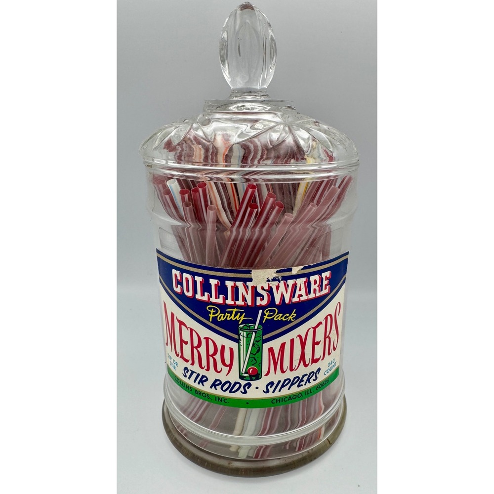 Vtg 1950s Collinsware Merry Mixers Glass Jar w/ Cocktail Stir Rods Barware MCM
